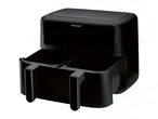 A black SilverCrest dual air fryer with two removable baskets on a white background.