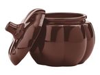 Brown ceramic pumpkin-shaped pot with a lid, angled to show the opening.