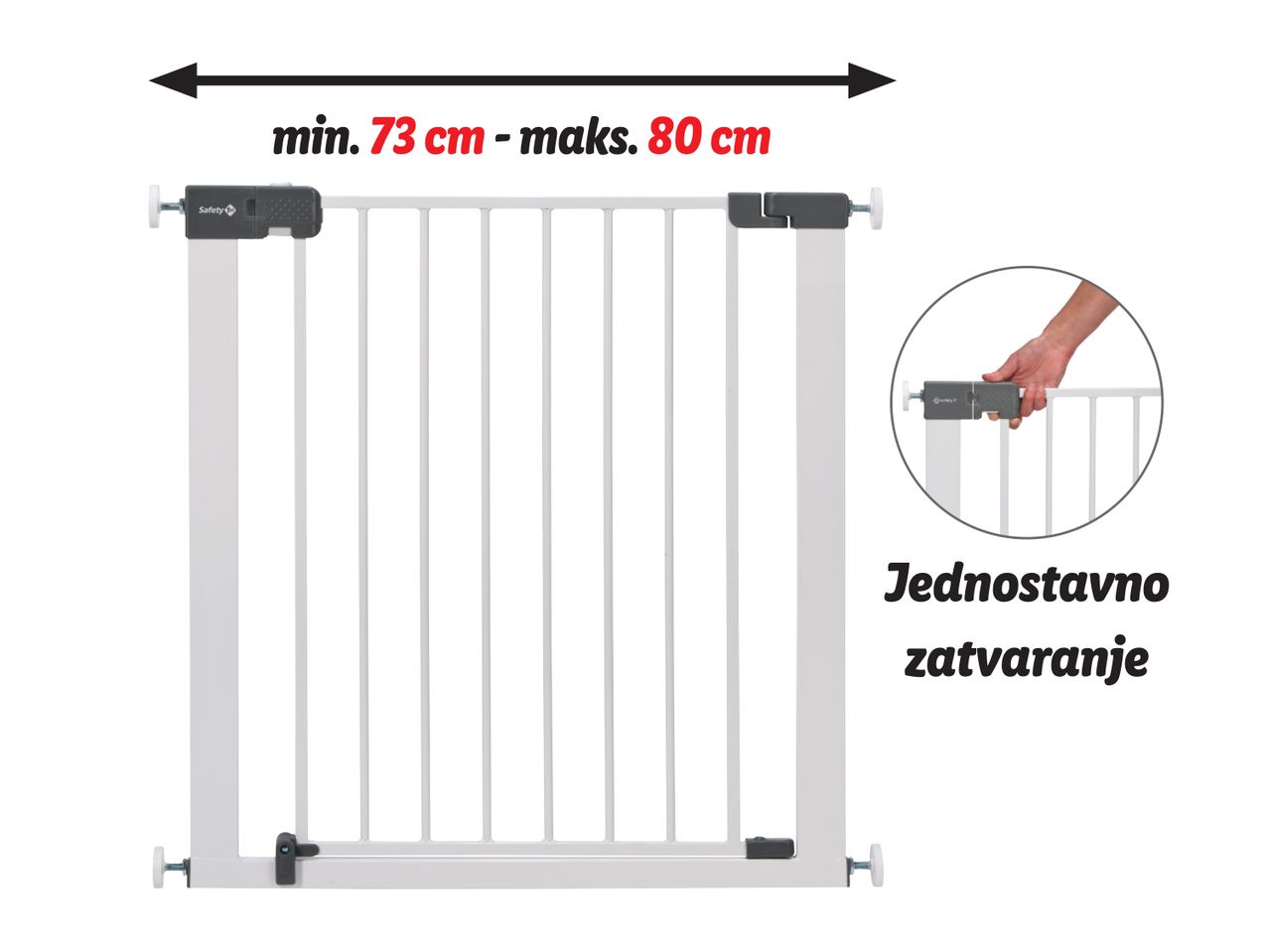 Sigurnosna vrata za bebe, podesive širine od 73 do 86 cm, s jednostavnim zatvaranjem.