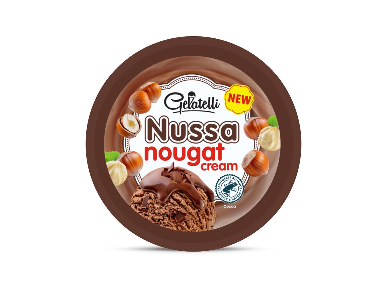Gelatelli Nussa nougat krema, sladoled od čokolade s lješnjacima i preljevom od čokolade.