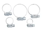 Five metal hose clamps of various sizes on a white background