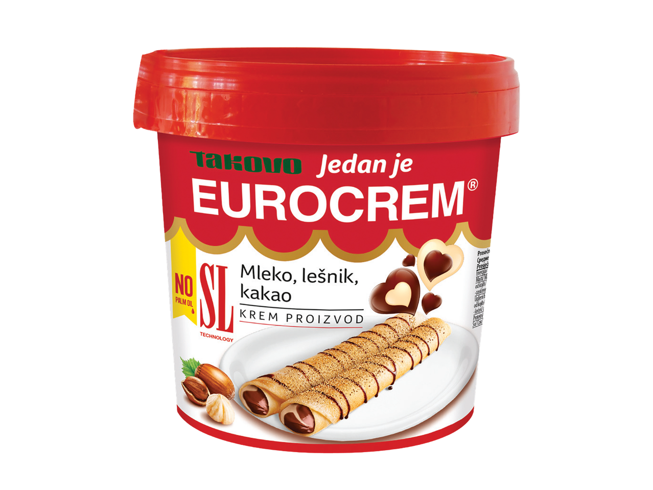 Crvena tegla krem namaza sa natpisom 'NO PALM OIL' i slikom palačinki.