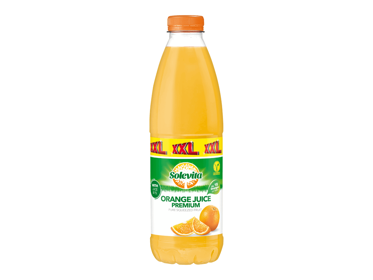 Solevita Premium appelsiinimehu XXL-pullossa.