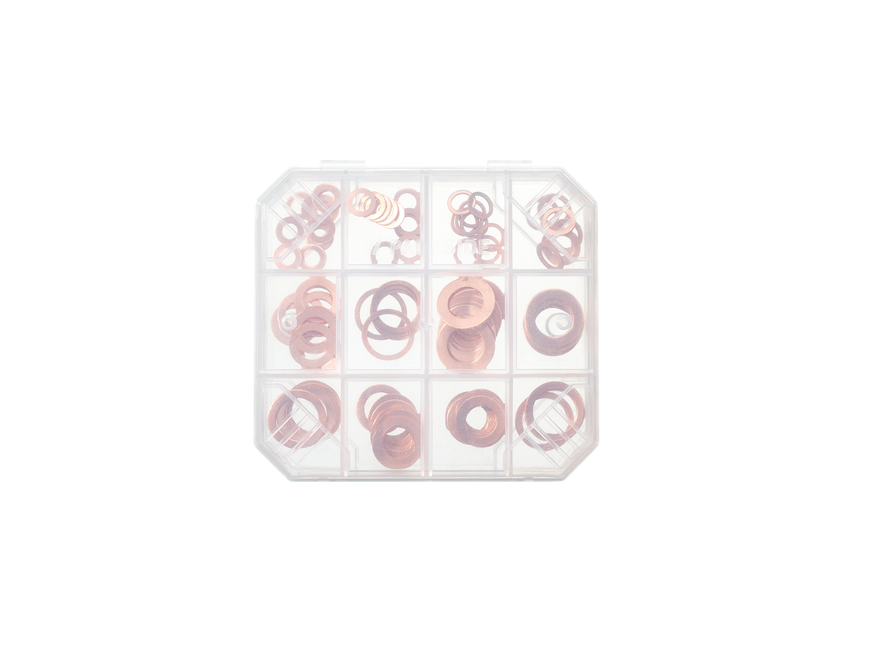 Conjunto de anilhas de cobre Parkside® num organizador transparente.