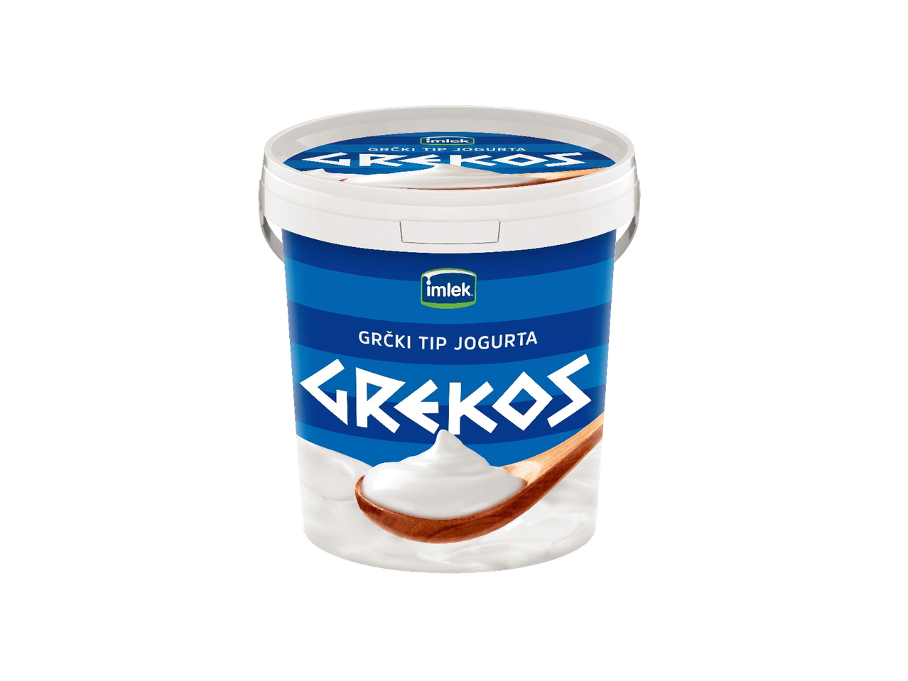 Kanta grčkog jogurta sa kašikom punom jogurta.