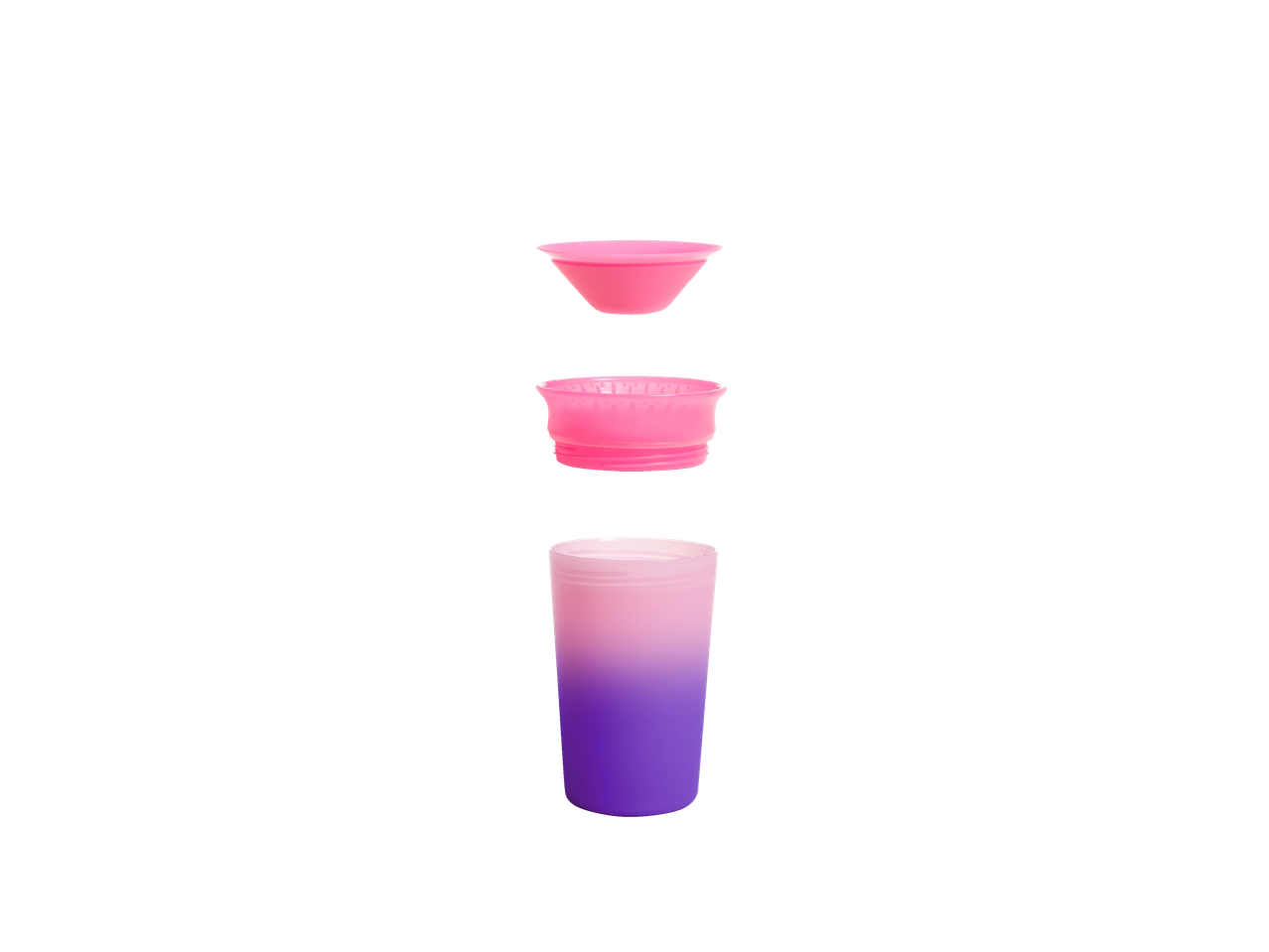 Disassembled pink and purple ombre tumbler with lid and straw