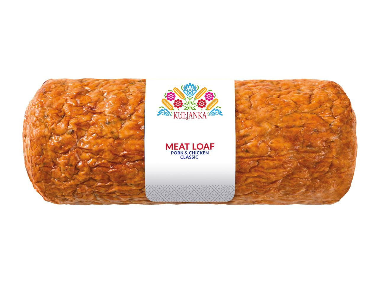 Meatloaf with a white label featuring a colorful floral design and text: Pork & Chicken Classic.