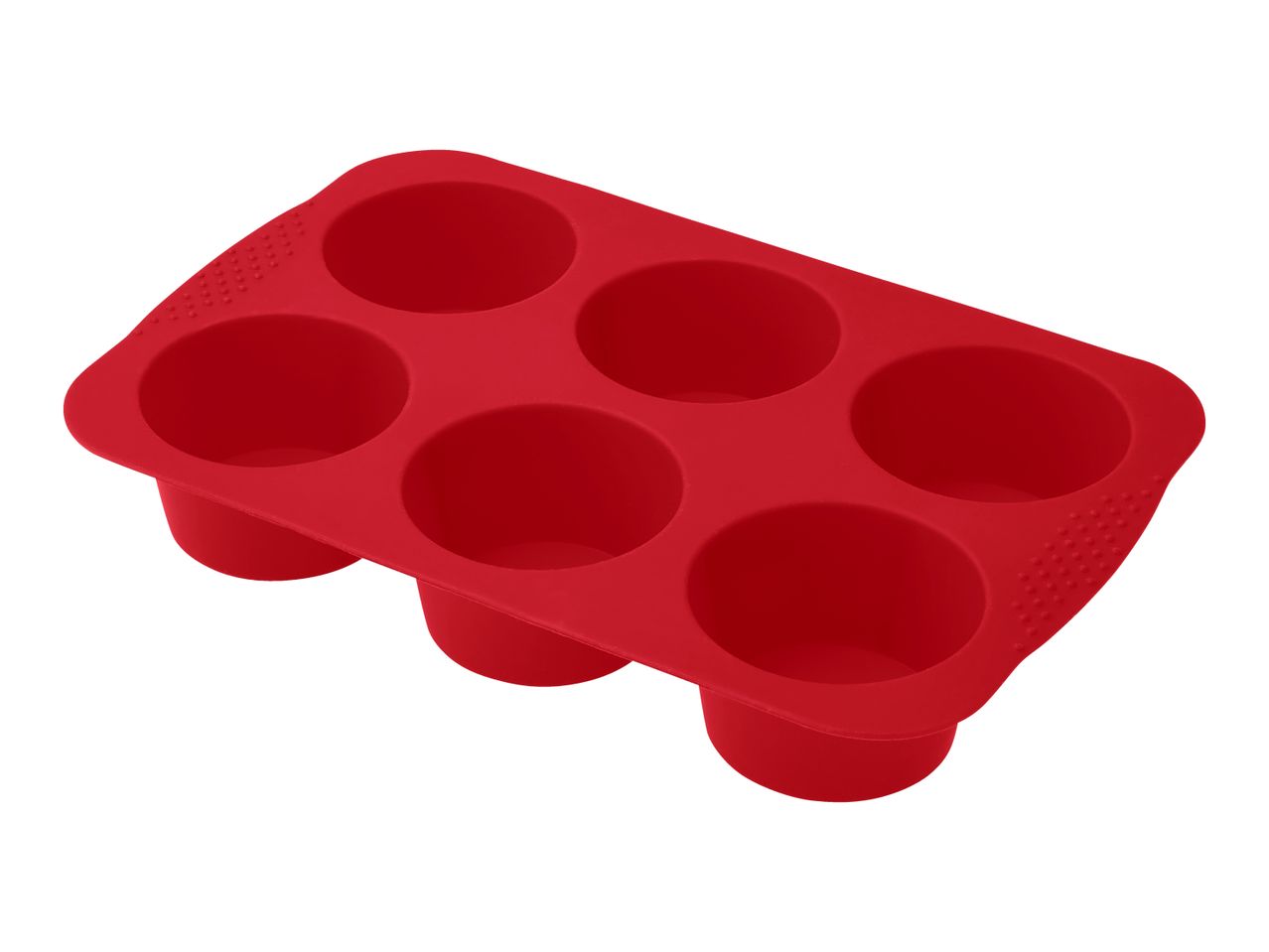 Red silicone muffin or cupcake baking tray with six round molds.