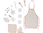 Lupilu® wooden play kitchen set with apron, oven mitt, pot holder, and various kitchen accessories.