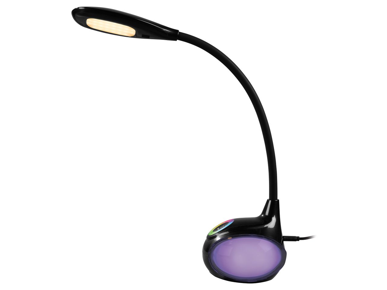 Black LED desk lamp with a flexible neck and a color-changing base, illuminated with purple light.