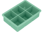 Tabuleiro de cubos de gelo de silicone verde menta com seis compartimentos.