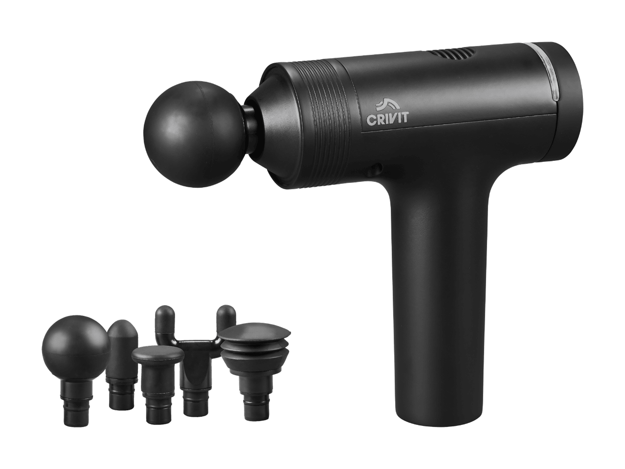 Un pistolet de massage Crivit noir avec un embout sphérique et quatre autres têtes interchangeables.