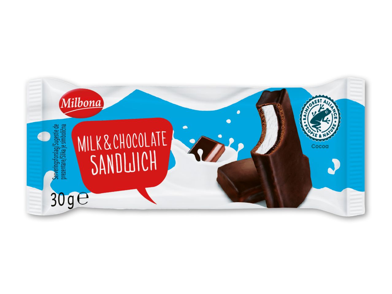 Mælke- og chokoladesandwich i indpakning med Rainforest Alliance-logo.