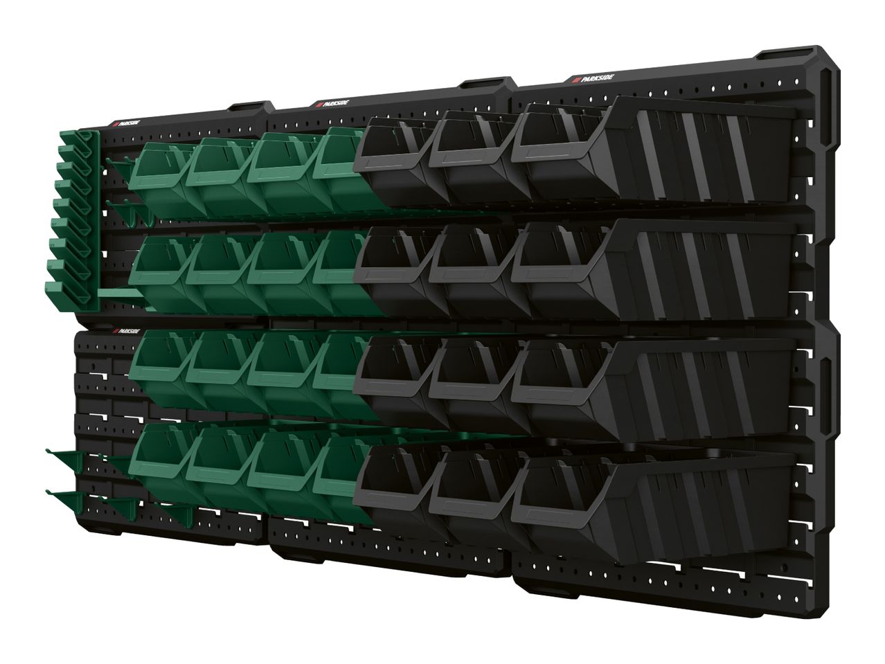Wall-mounted storage system with green and black bins, ideal for organizing small parts.