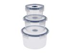 Stack of three clear round food storage containers with blue lids