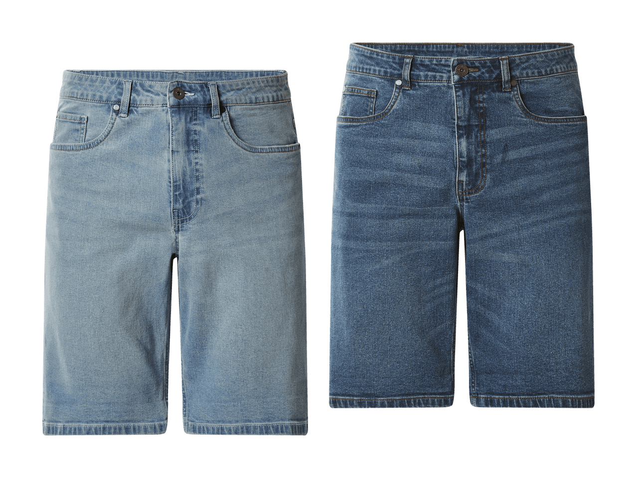 Zwei Herren-Jeansshorts, eine hellblaue und eine dunkelblaue, auf schwarzem Hintergrund.