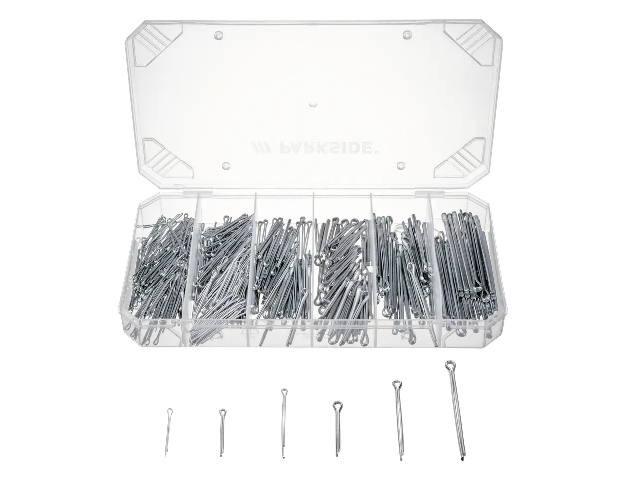 A clear plastic organizer box filled with various sizes of cotter pins, with the PARKSIDE® logo visible on the lid.