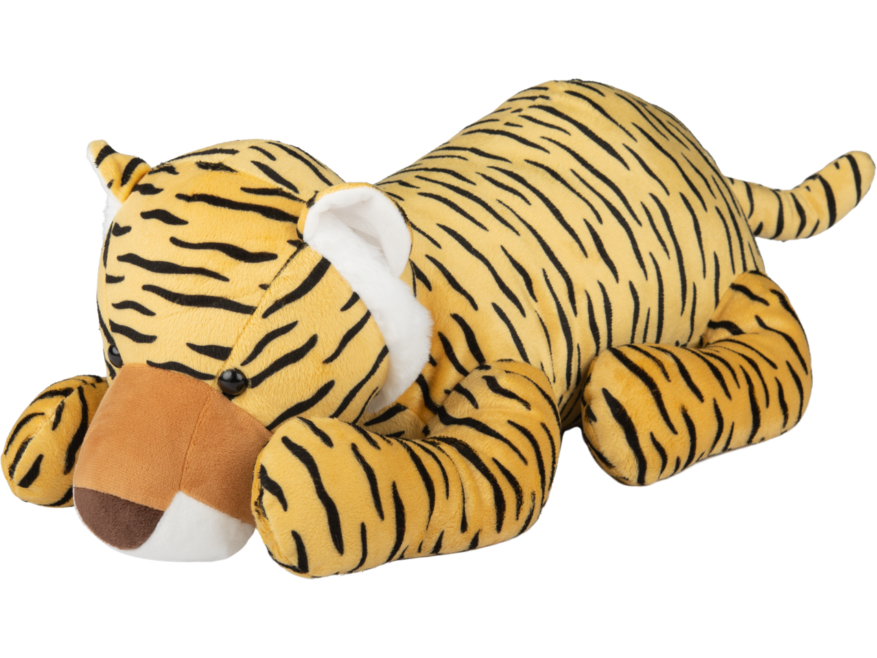 Plīša tīģeris guļ uz vēdera