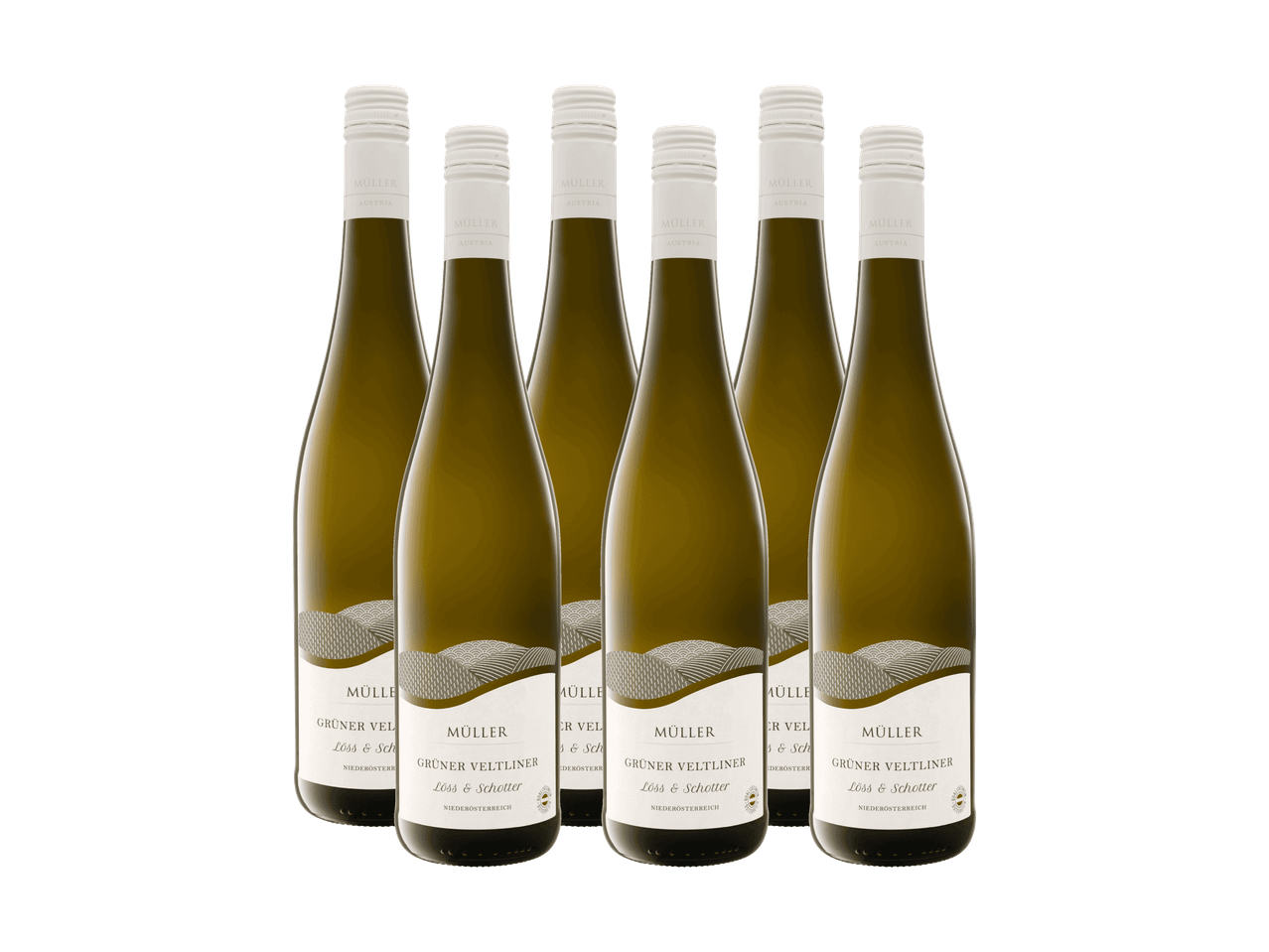 Sechs Flaschen Müller Grüner Veltliner Löss & Schotter Weißwein aus Österreich.