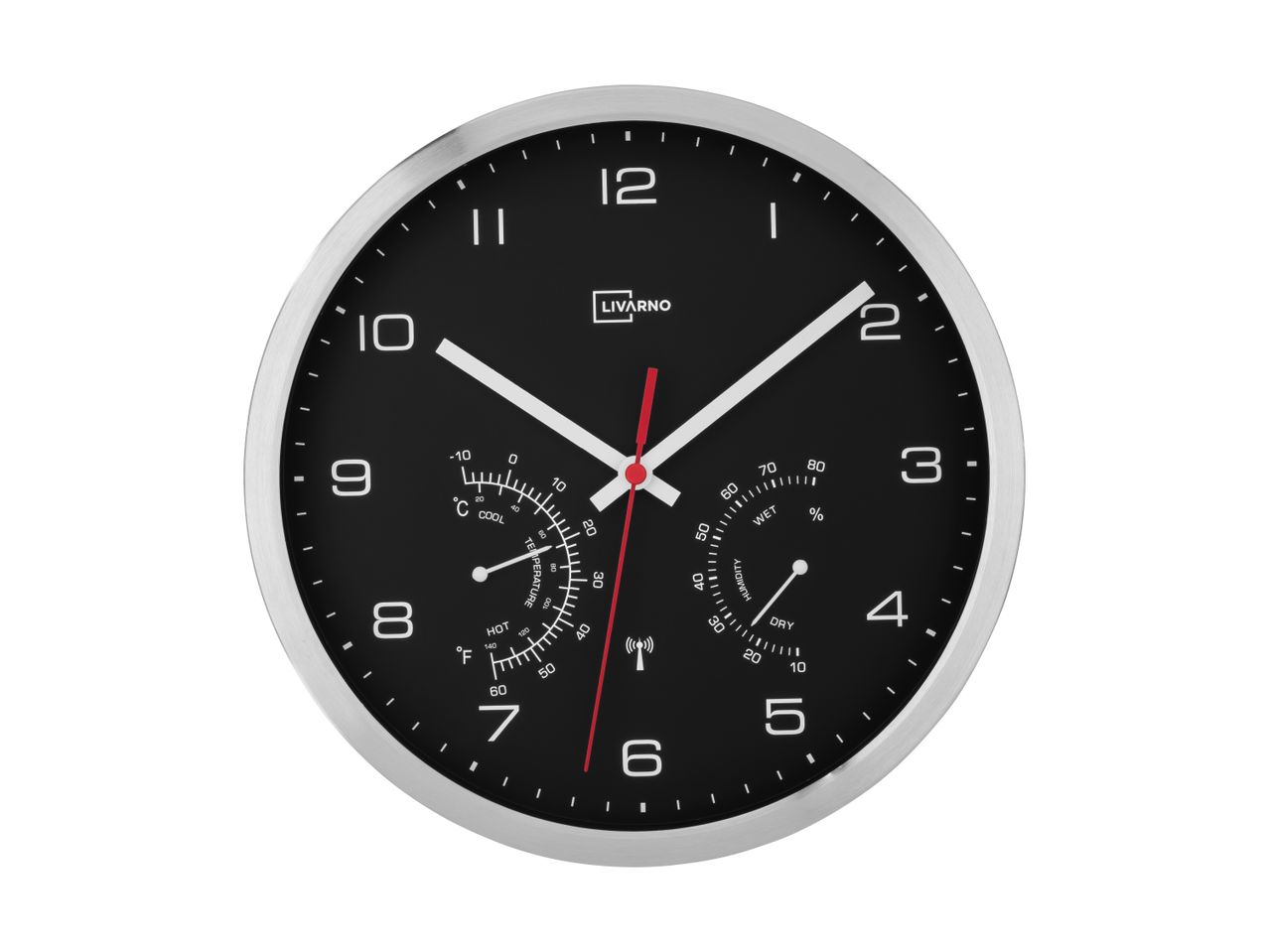 A black wall clock with a silver frame, featuring a thermometer and hygrometer.