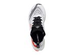 Top-down view of a white and orange running shoe with black laces