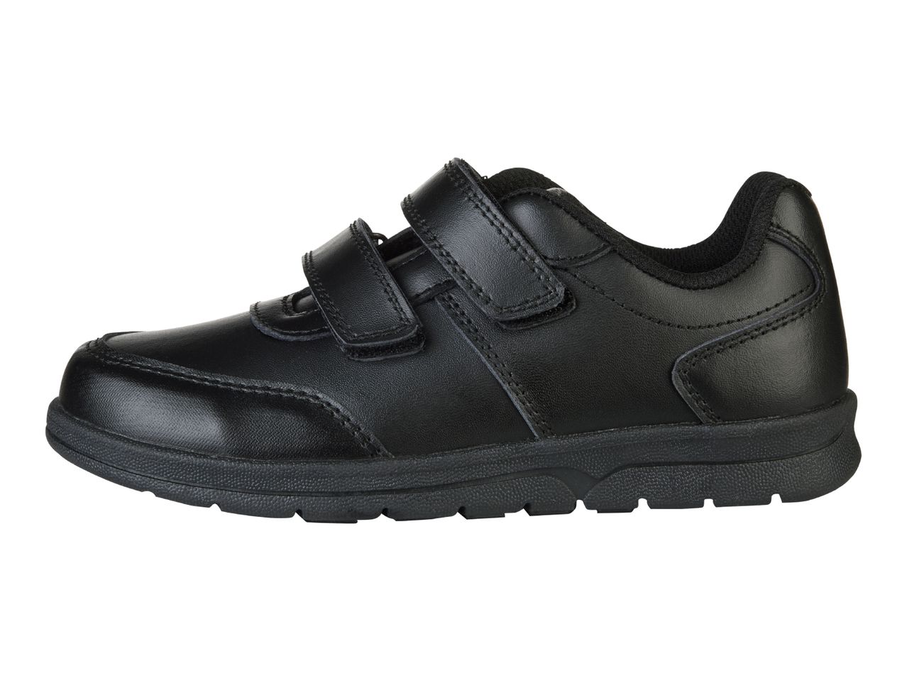 A black leather children's shoe with two straps.
