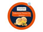Round label for Italian Zabaglione & Walnut ice cream with two scoops and walnuts.