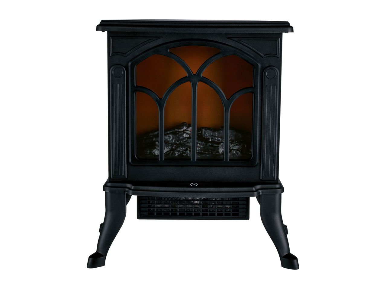 Black electric fireplace with decorative grate and faux logs, isolated on white.
