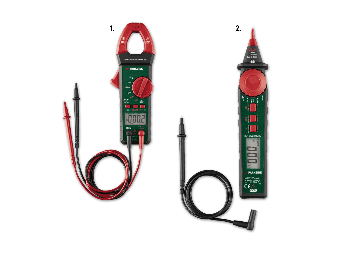 Zwei Parkside Messgeräte: ein TRMS Digitalzangenmessgerät und ein Stiftmultimeter.