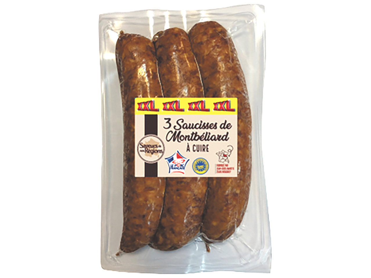 Paquet de 3 saucisses de Montbéliard à cuire, format XXL.