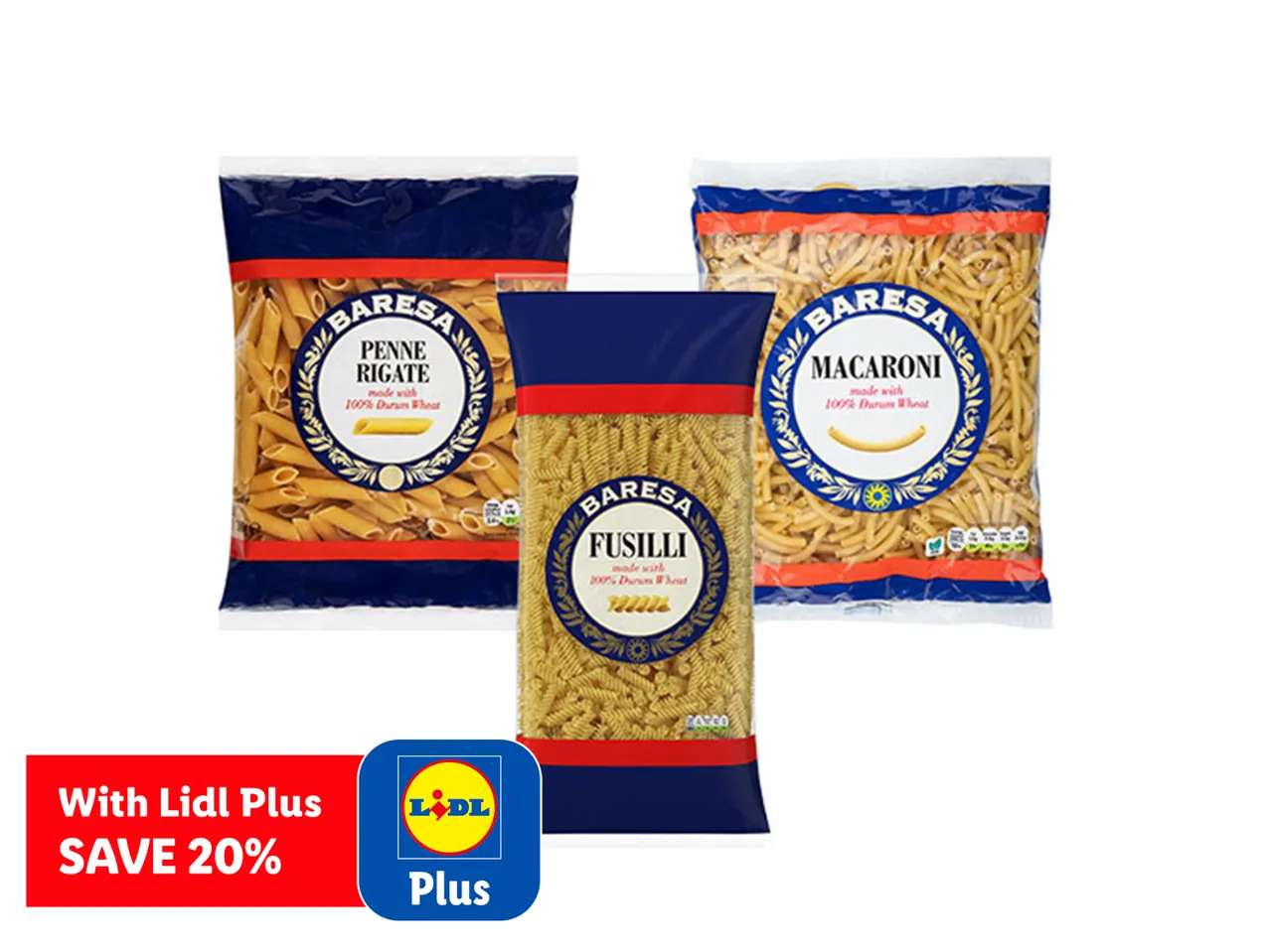 Three bags of Baresa pasta, including penne rigate, fusilli, and macaroni, with a 'SAVE 20% With Lidl Plus' offer.