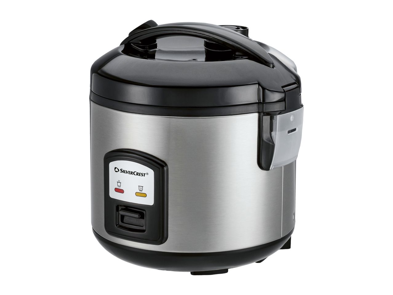 Stainless steel rice cooker with black lid and control panel