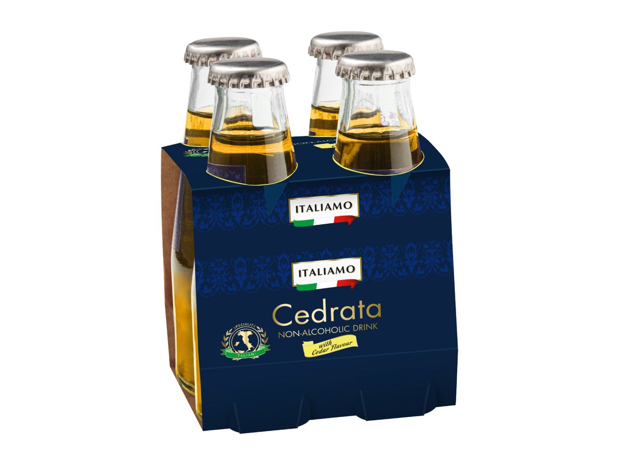 Four-pack of non-alcoholic Cedrata drinks with cedar flavour in small glass bottles.
