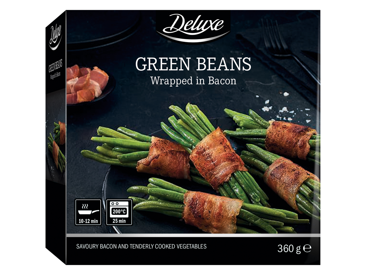 Deluxe sperziebonen omwikkeld met spek, 360g verpakking