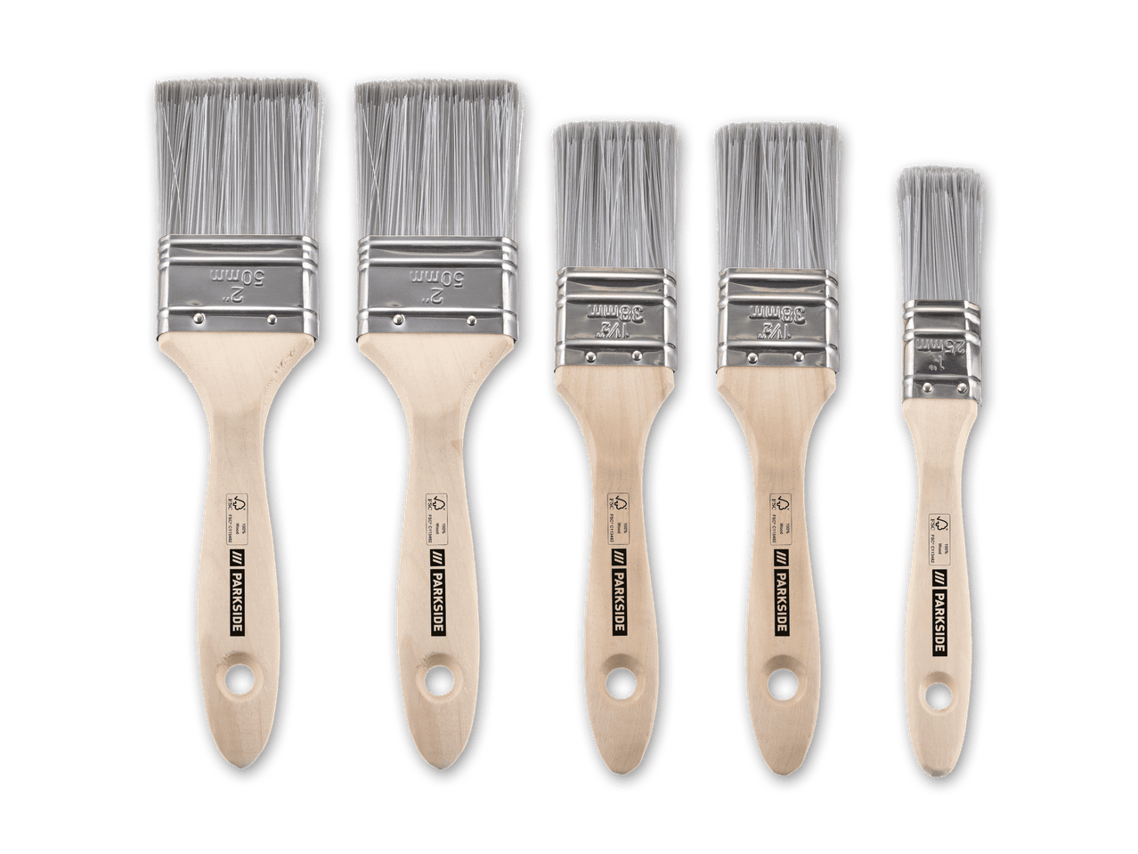 Fünf Parkside Pinsel in verschiedenen Größen, von 25mm bis 50mm.