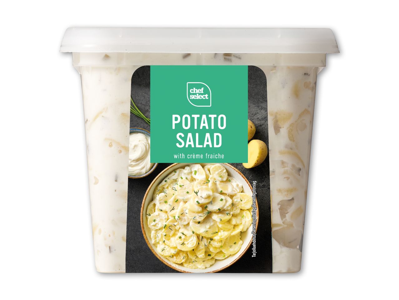 Kartoffelsalat med creme fraiche i en gennemsigtig beholder.