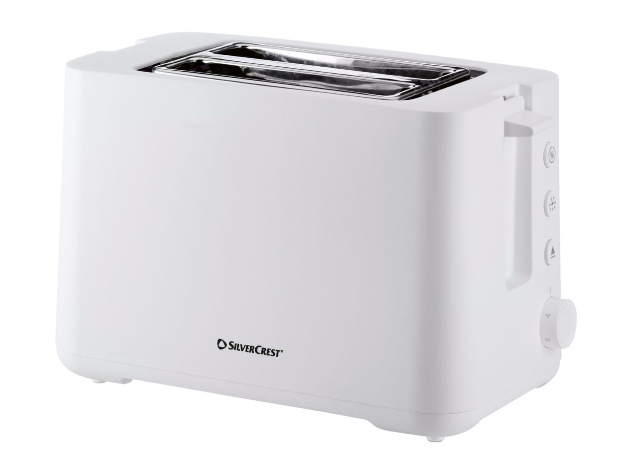 White toaster with two slots and control buttons on the side