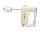 Cream-colored retro hand mixer with a whisk attachment.