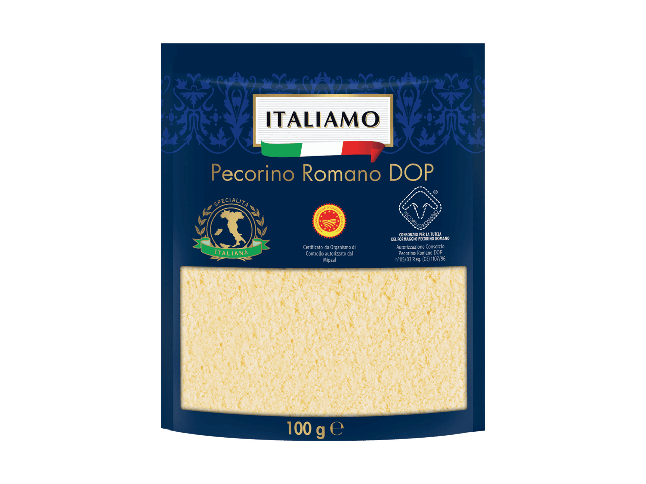 Geriebener Pecorino Romano DOP Käse in blauem Beutel, 100g.