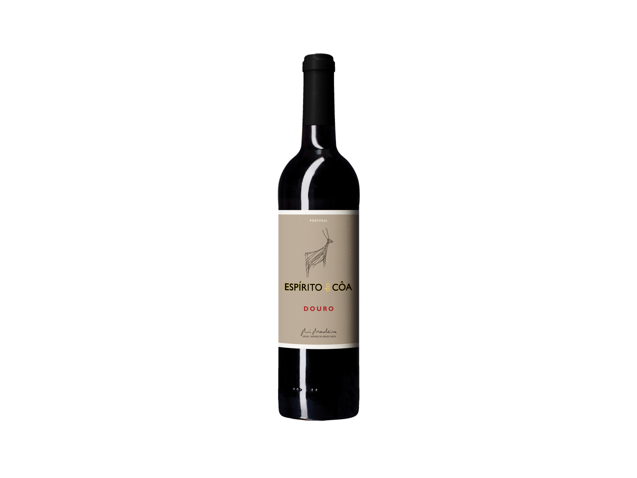 Garrafa de vinho tinto ESPÍRITO DO CÔA Douro com ilustração de veado no rótulo.