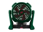 Green and red portable fan with a black base and red power switch.