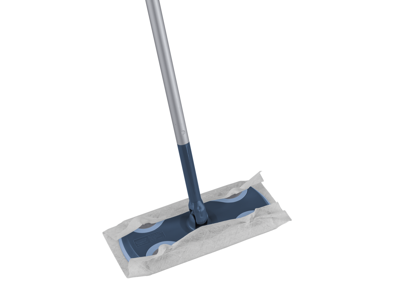 Vileda šluota su metaliniu kotu ir baltu mikrofibros užklotu.