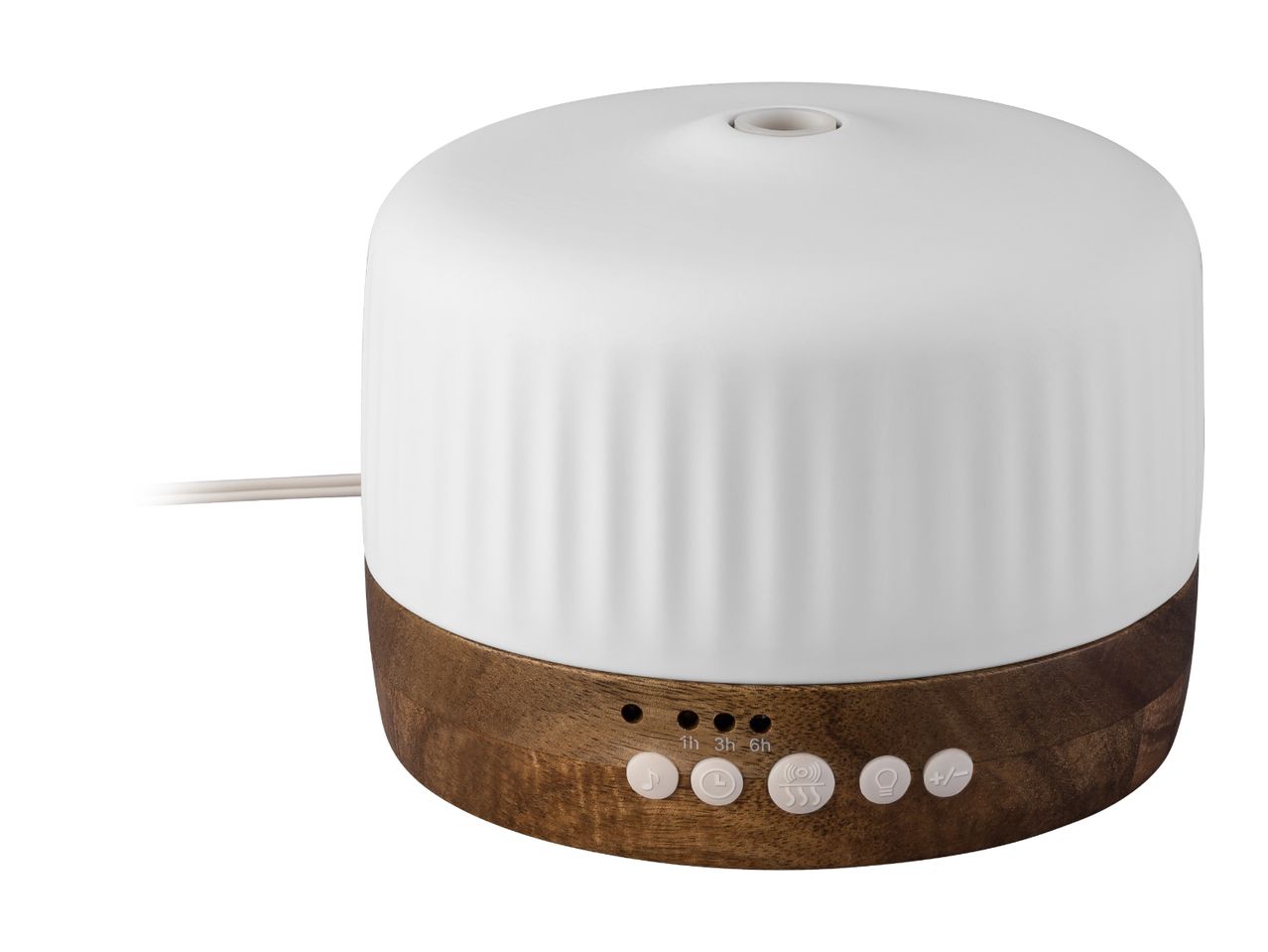 Ultrasonic aroma diffuser with a white ceramic cover and a wooden base