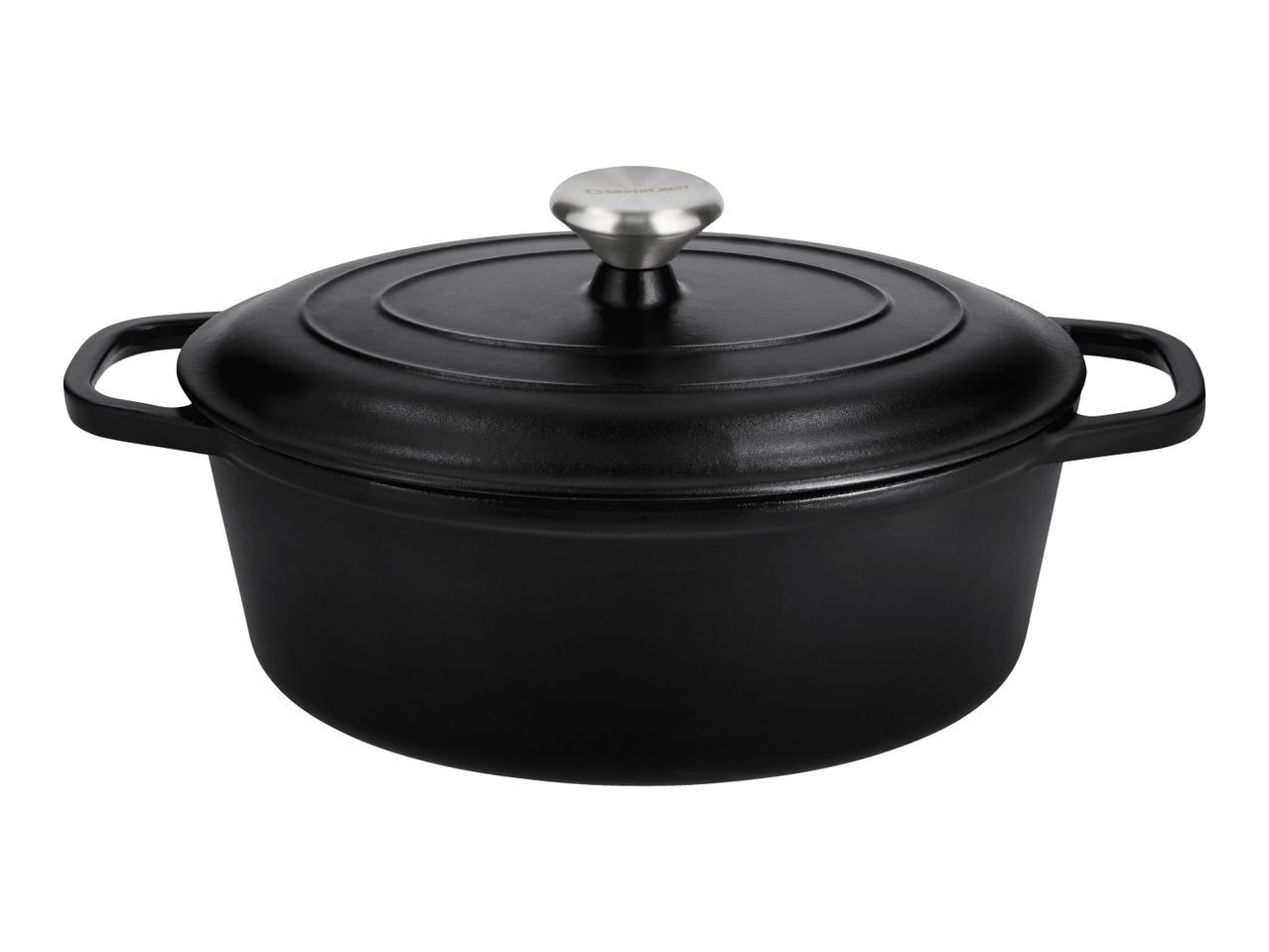 Black cast iron Dutch oven with lid and silver knob, isolated on a white background.