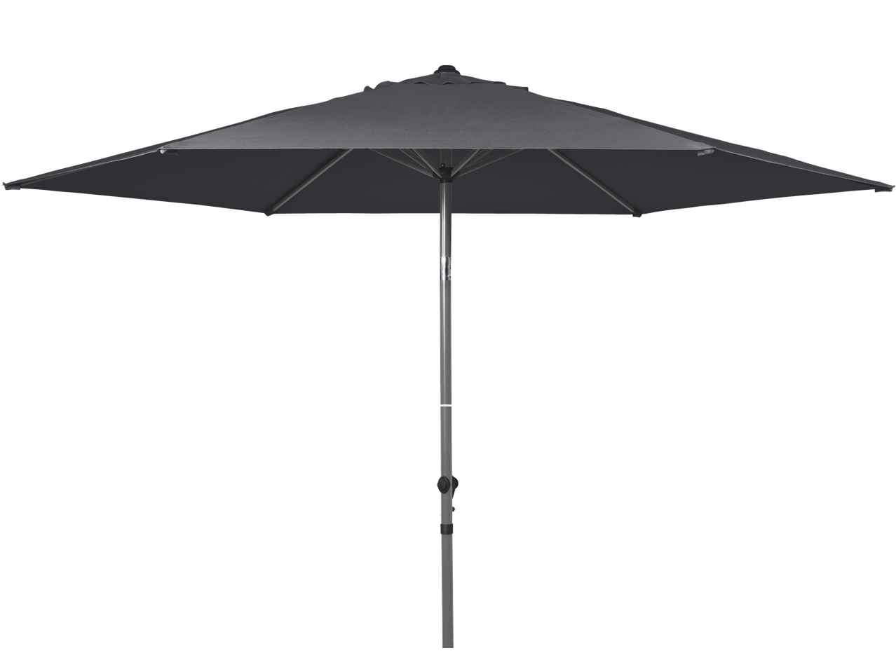Dark grey patio umbrella with a silver pole, shown against a black background.