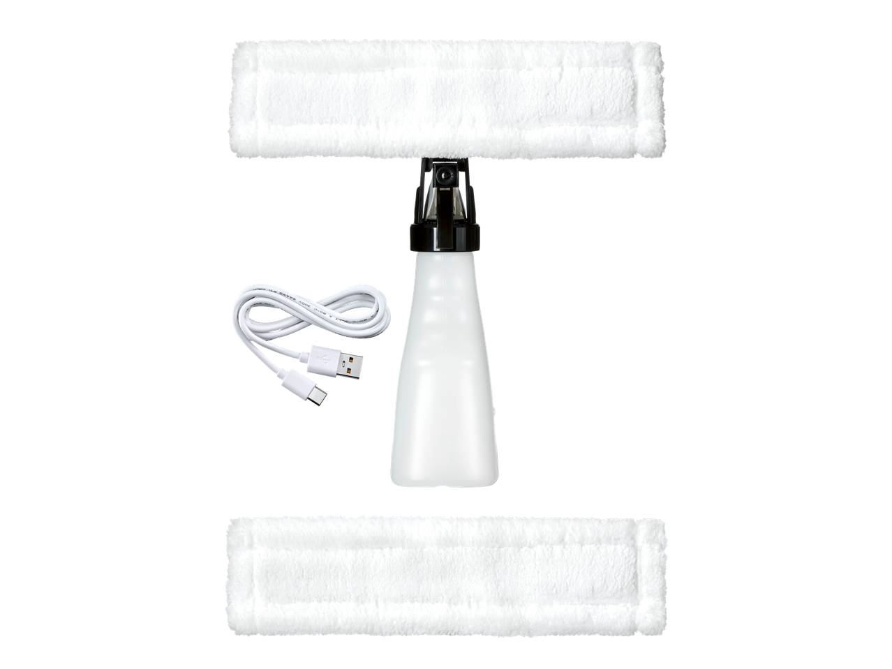 Silvercrest® Akku-Fenstersauger: du mikropluošto audiniai, purškimo buteliukas ir USB įkrovimo laidas.