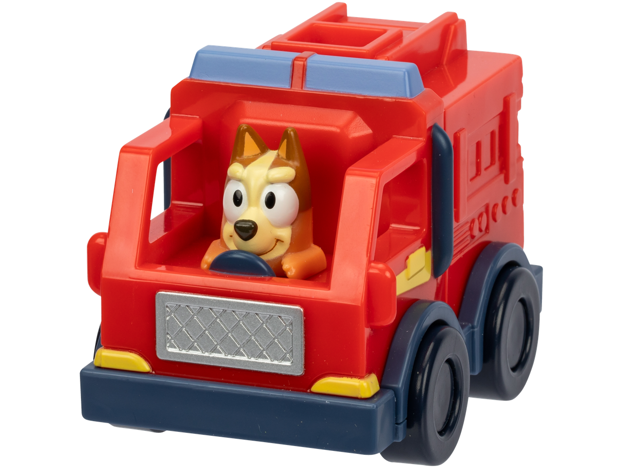 Žaislas: Bluey Bingo figūrėlė raudoname gaisrinės automobilyje.