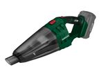 A green and black handheld vacuum cleaner with a detachable battery pack.