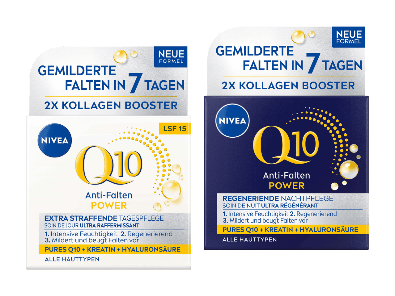 Zwei Packungen Anti-Falten Q10 Gesichtscreme, eine Tagescreme mit LSF 15 und eine Nachtcreme, mit verbesserter Formel.
