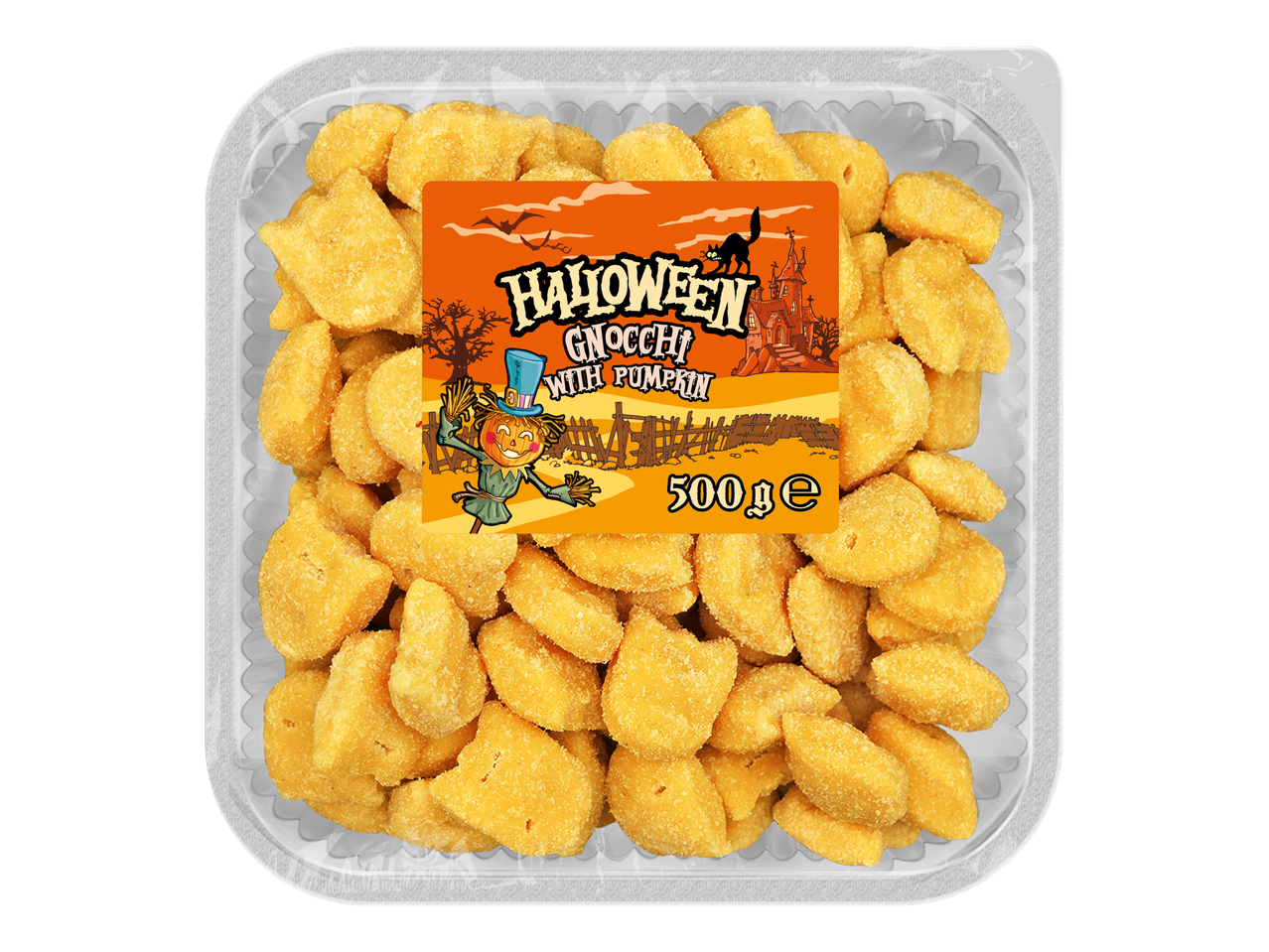 Pakuotė Helovino moliūgų gnocchi, suformuotų kaip vaiduokliai.